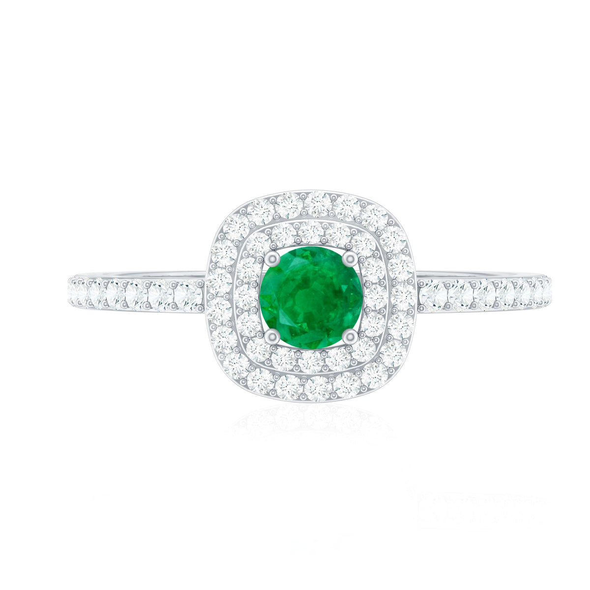 Round emerald and diamond double halo engagement ring by Rosec Jewels, featuring a central emerald with sparkling diamond accents.