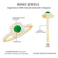 Round emerald and diamond double halo engagement ring from Rosec Jewels, showcasing intricate design and sparkling gemstones.