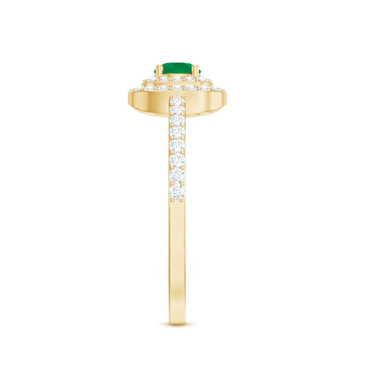Round emerald and diamond double halo engagement ring from Rosec Jewels, showcasing intricate design and sparkling gemstones.