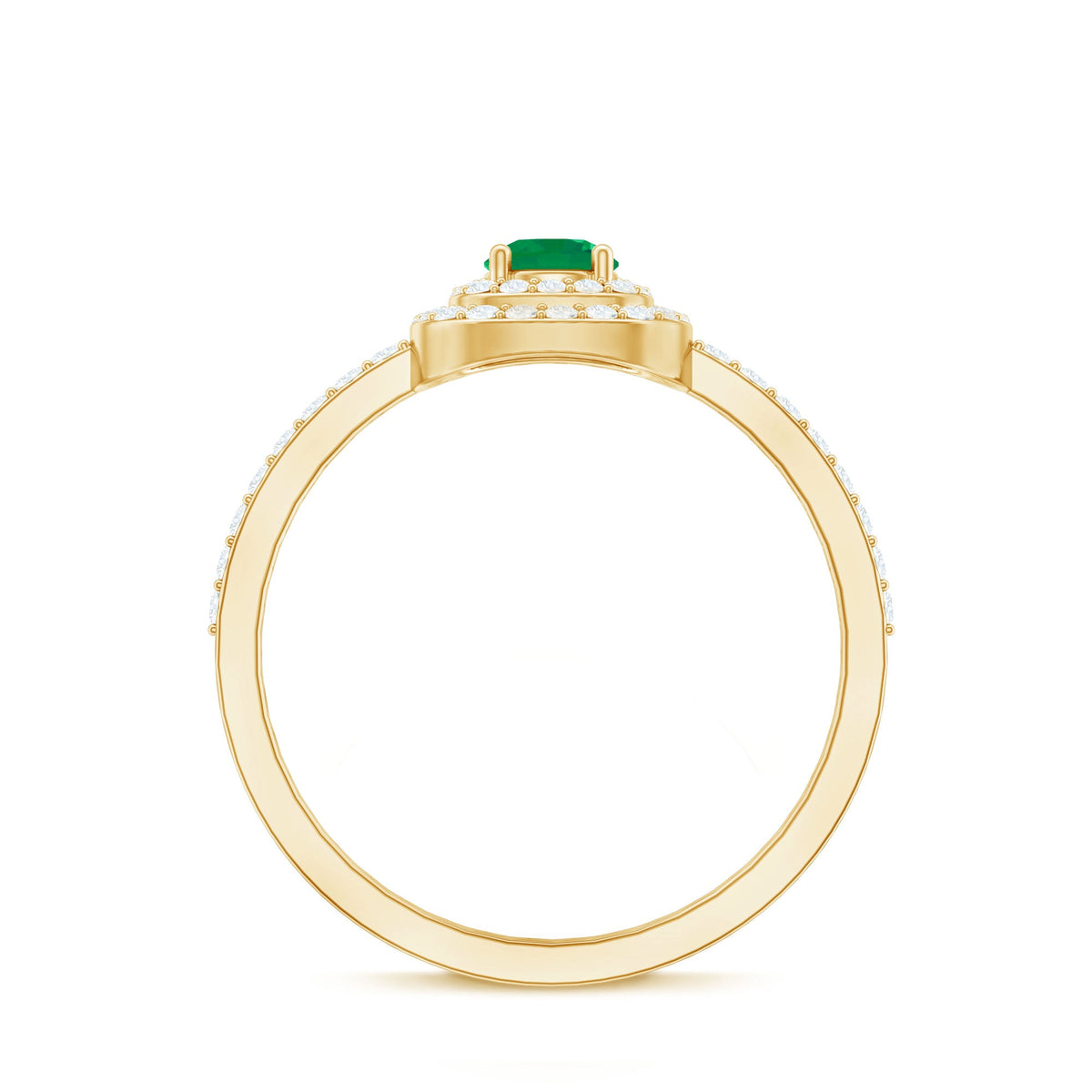 Round emerald and diamond double halo engagement ring by Rosec Jewels featuring a central emerald surrounded by sparkling diamonds
