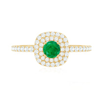 Round emerald and diamond double halo engagement ring from Rosec Jewels, featuring intricate detailing and elegant design.