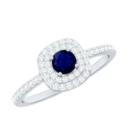 Rosec Jewels 3/4 CT blue sapphire double halo engagement ring with diamond, showcasing a stunning blue gemstone and sparkling accents.