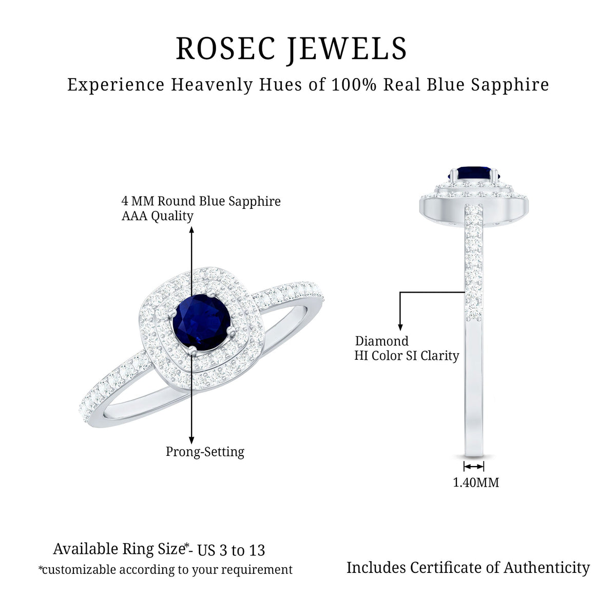 Rosec Jewels 3/4 ct blue sapphire double halo engagement ring with diamonds, showcasing a stunning blue sapphire centerpiece and sparkling accents.
