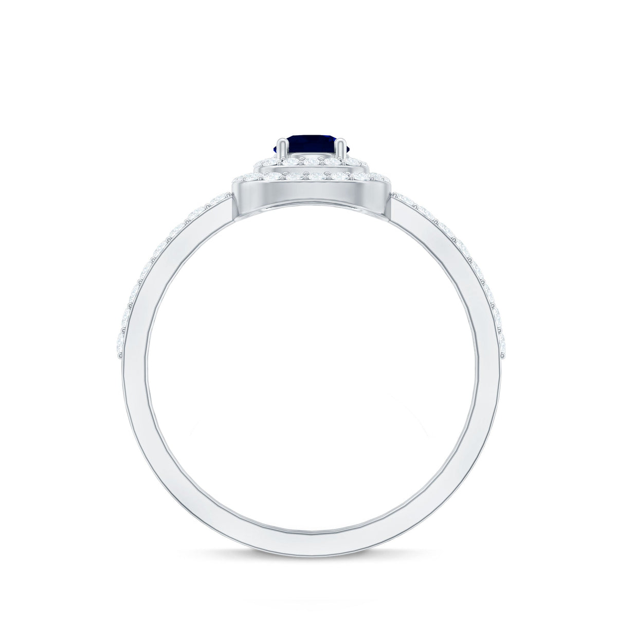 Rosec Jewels 3/4 ct blue sapphire double halo engagement ring with diamonds, showcasing a stunning blue sapphire center and sparkling accents.