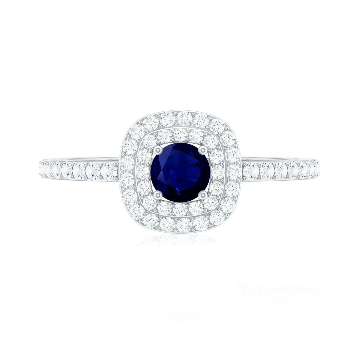 Rosec Jewels 3/4 CT blue sapphire double halo engagement ring with diamonds, featuring a stunning central sapphire and sparkling accents.