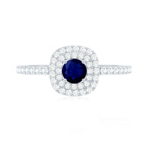 Rosec Jewels 3/4 CT blue sapphire double halo engagement ring with diamonds, featuring a stunning central sapphire and sparkling accents.