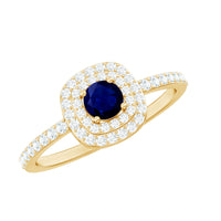 Rosec Jewels 3/4 CT blue sapphire double halo engagement ring with diamonds, featuring a central blue sapphire and sparkling diamond accents.
