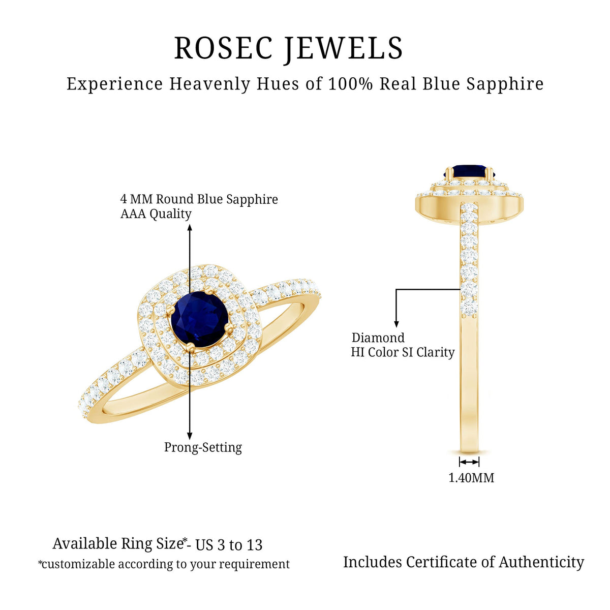 Rosec Jewels 3/4 CT blue sapphire double halo engagement ring with diamonds, showcasing the detailed design and sparkling gemstones.