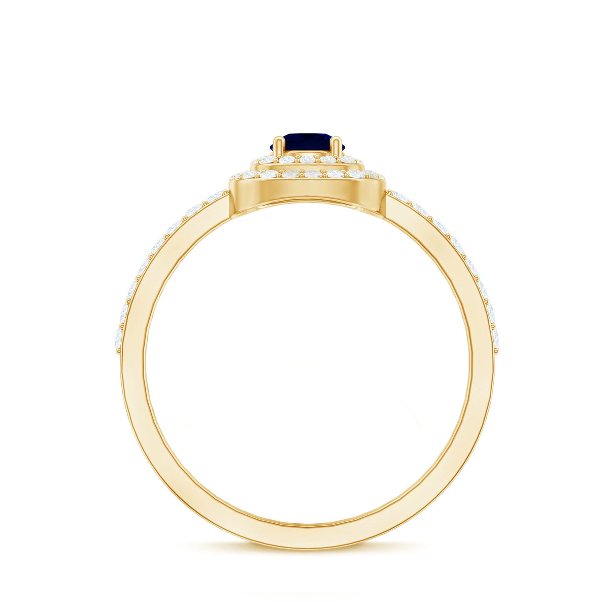 Rosec Jewels 3/4 CT blue sapphire double halo engagement ring with diamonds, showcasing a stunning blue gemstone and intricate halo design