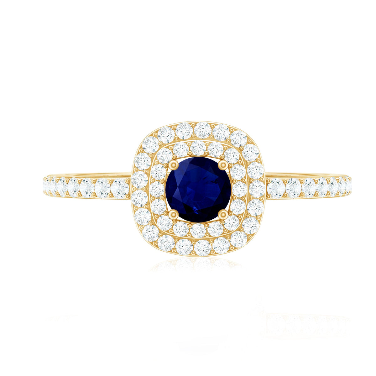 Rosec Jewels 3/4 CT blue sapphire double halo engagement ring with diamonds, showcasing a stunning blue gemstone and sparkling accents.