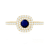 Rosec Jewels 3/4 CT blue sapphire double halo engagement ring with diamonds, showcasing a stunning blue gemstone and sparkling accents.