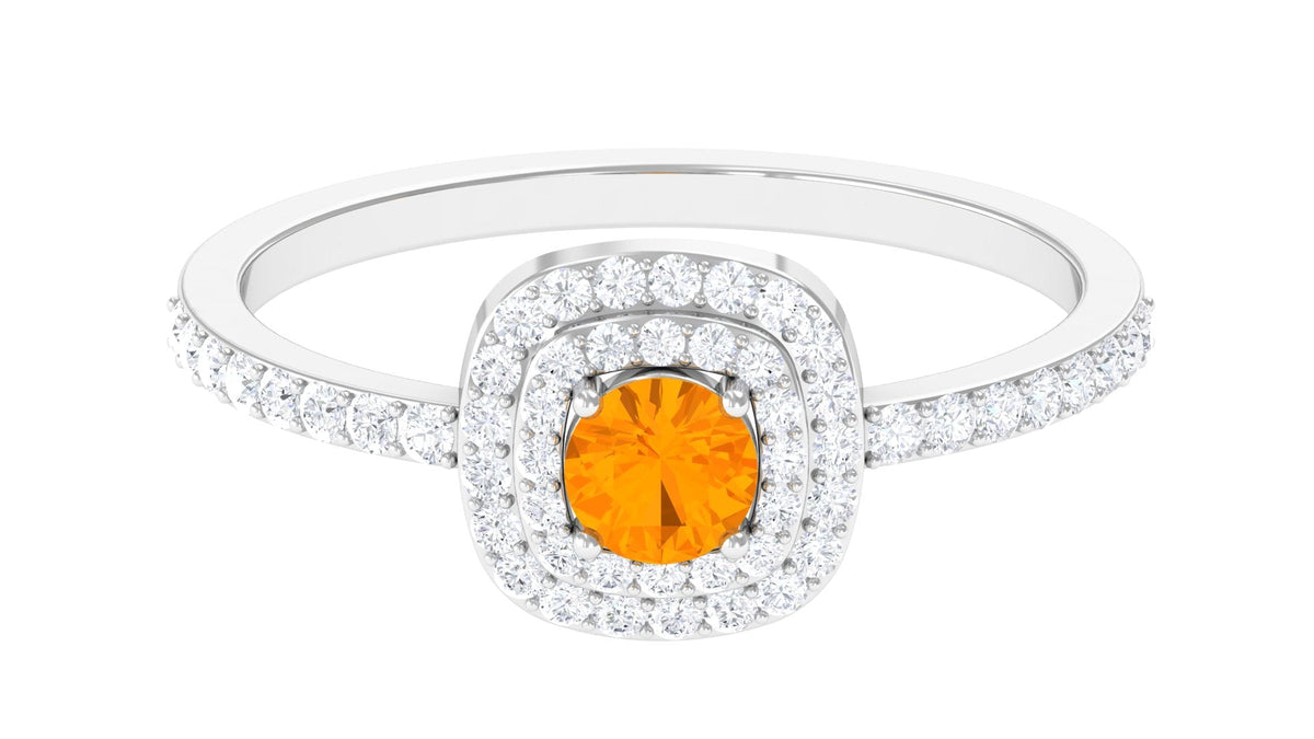 Rosec Jewels 3/4 CT fire opal engagement ring with double halo of diamonds, showcasing intricate design and sparkling gemstones.