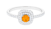 Rosec Jewels 3/4 CT fire opal engagement ring with double halo of diamonds, showcasing intricate design and sparkling gemstones.