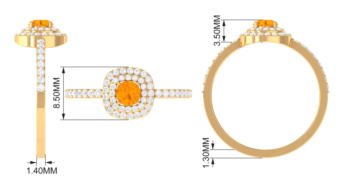 Rosec Jewels 3/4 CT fire opal engagement ring with double halo of diamonds, showcasing vibrant orange gemstone and sparkling accents.