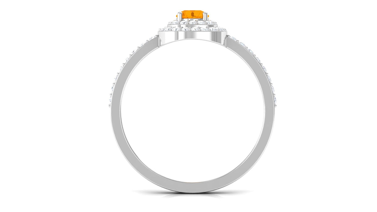 Rosec Jewels 3/4 ct fire opal double halo engagement ring with diamond accents, showcasing intricate design and vibrant gemstone.