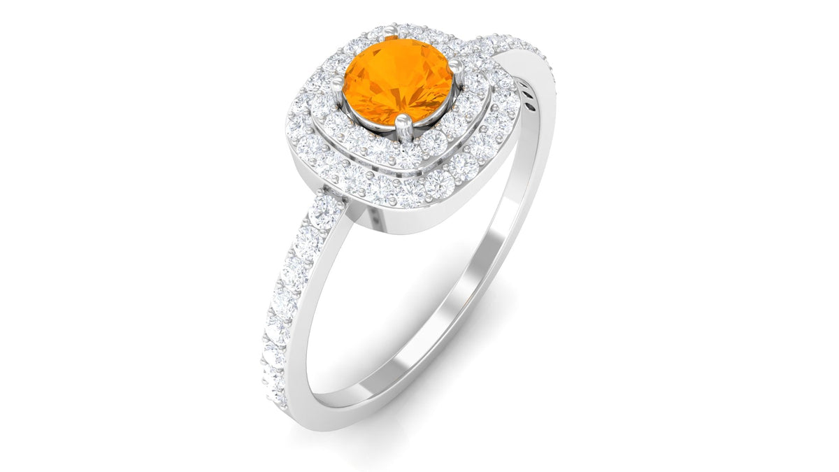 Rosec Jewels 3/4 CT fire opal double halo engagement ring with diamond, featuring a vibrant fiery orange opal center and sparkling accents.