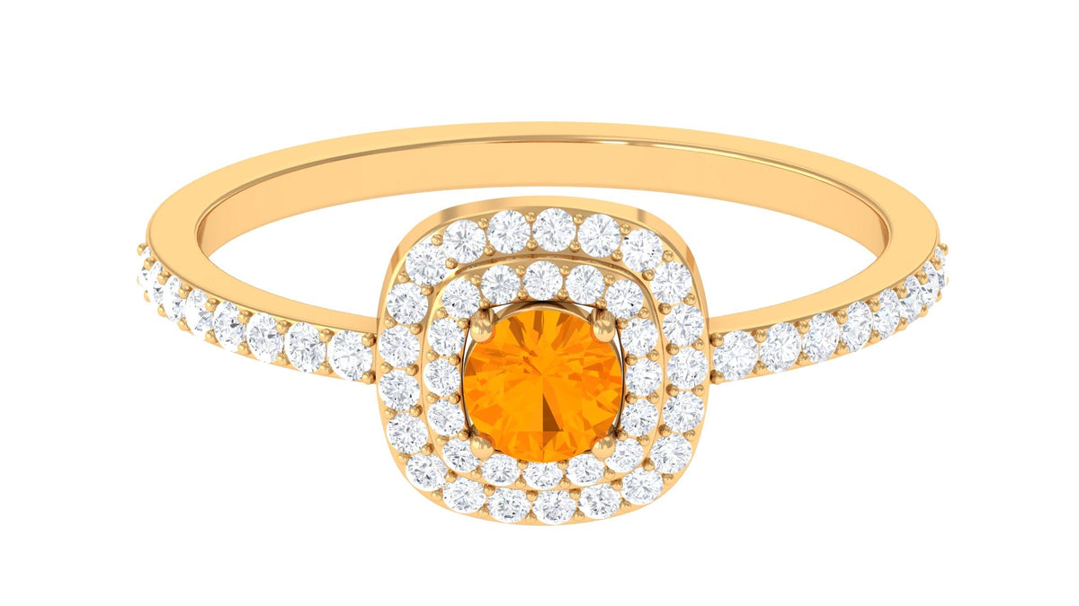 Rosec Jewels 3/4 CT fire opal double halo engagement ring with diamonds, featuring a vibrant orange gemstone and intricate detailing.