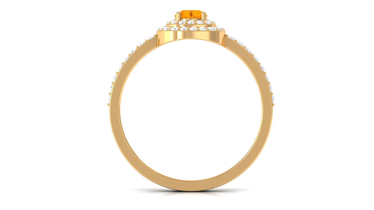 Rosec Jewels 3/4 ct fire opal double halo engagement ring with diamond, showcasing vibrant orange fire opal and sparkling accents.