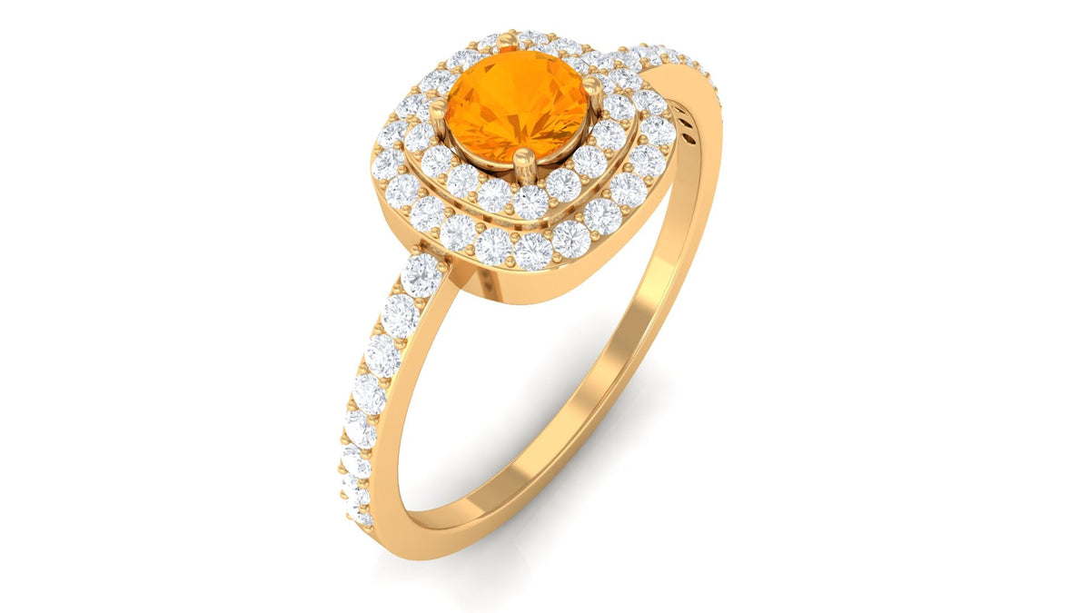 Rosec Jewels 3/4 CT fire opal engagement ring with double halo diamond accents, showcasing a vibrant orange oval gemstone and sparkling details.