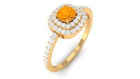 Rosec Jewels 3/4 CT fire opal engagement ring with double halo diamond accents, showcasing a vibrant orange oval gemstone and sparkling details.