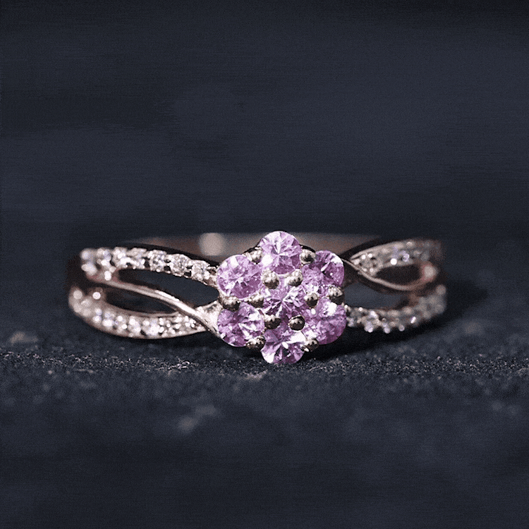 Flower-inspired lab-grown pink sapphire and diamond infinity engagement ring by Rosec Jewels, featuring intricate floral design and sparkling stones.