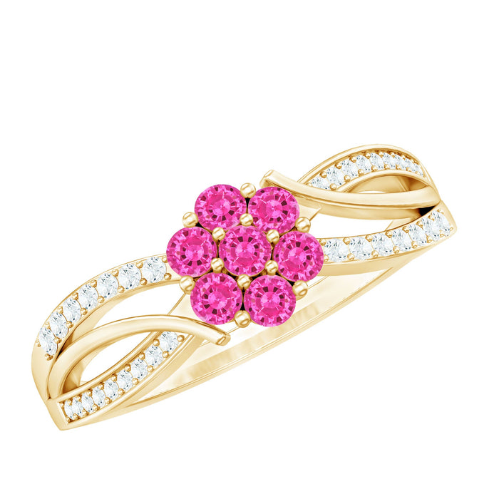 Flower-inspired lab-grown pink sapphire and diamond infinity engagement ring by Rosec Jewels, with intricate floral design and sparkling stones.
