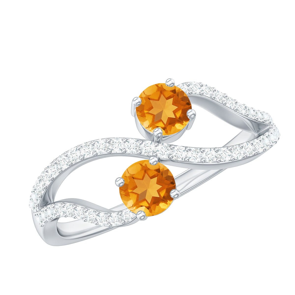 Natural citrine Toi Et Moi engagement ring with diamonds by Rosec Jewels, featuring two oval citrine stones and sparkling diamond accents.