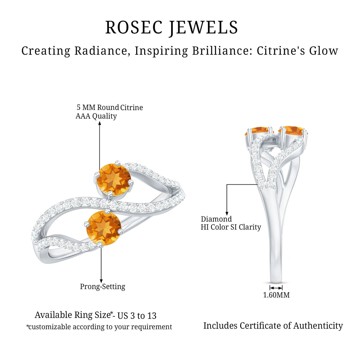 Natural Citrine Toi Et Moi engagement ring with diamond from Rosec Jewels, showcasing a unique two-stone design and sparkling accents.