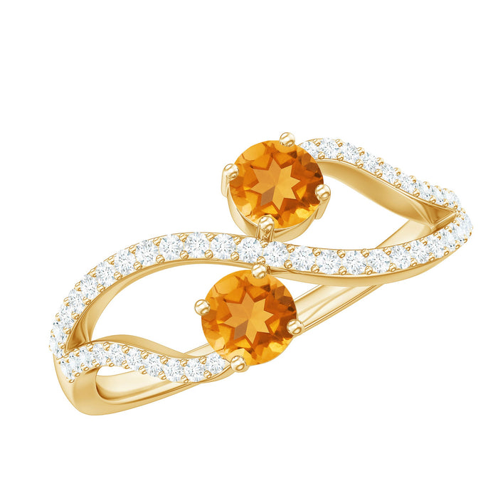 Natural citrine Toi Et Moi engagement ring with diamond, featuring two gemstones set in a rose gold band from Rosec Jewels.