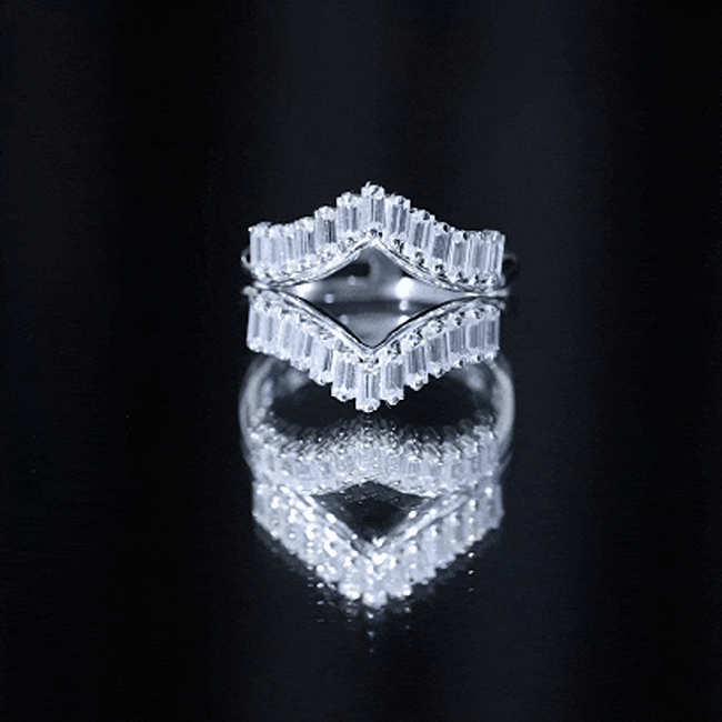 Yellow gold baguette cut moissanite engagement ring enhancer from Rosec Jewels showcasing sparkling gemstones and intricate design.