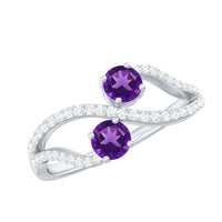 Real amethyst Toi Et Moi engagement ring with diamond accents from Rosec Jewels, featuring two purple amethyst gemstones in a delicate band.