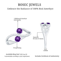 Real amethyst Toi Et Moi engagement ring with diamond from Rosec Jewels, showcasing a two-stone design in sterling silver.
