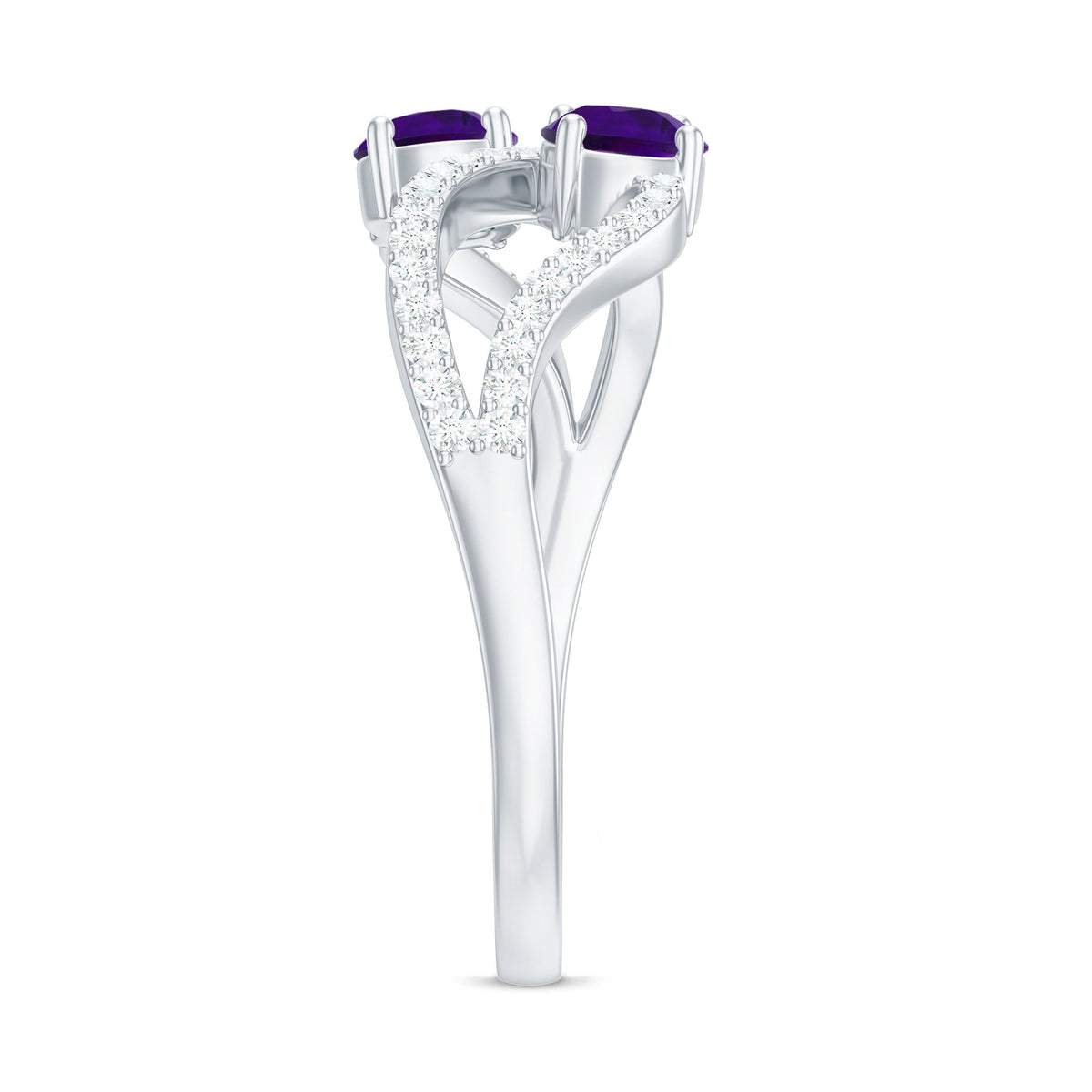 Real amethyst toi et moi engagement ring with diamond from Rosec Jewels, showcasing the elegant two-stone design and sparkling accents.