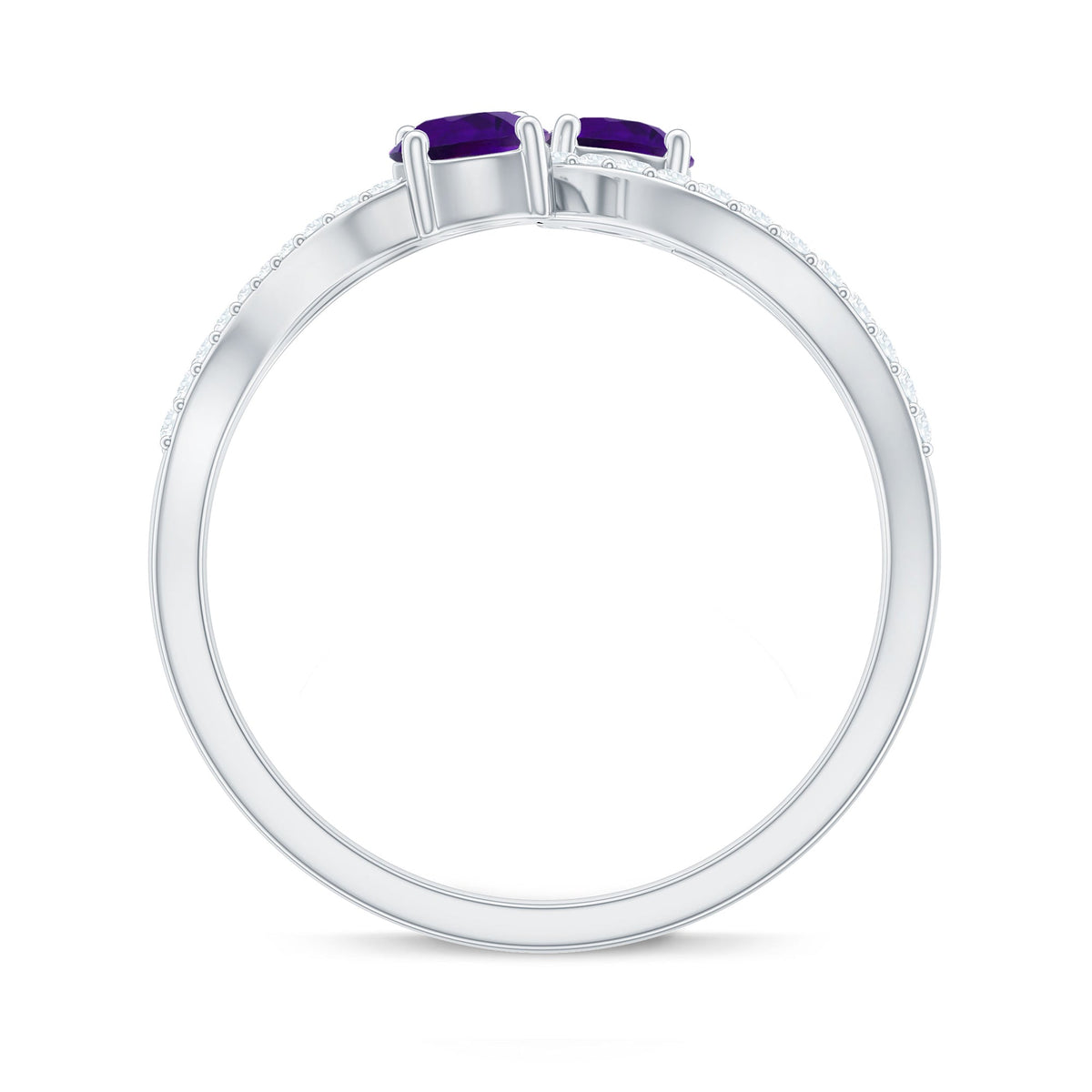 Rosec Jewels real amethyst toi et moi engagement ring with diamond, showcasing two purple amethyst stones and sparkling accent diamonds.