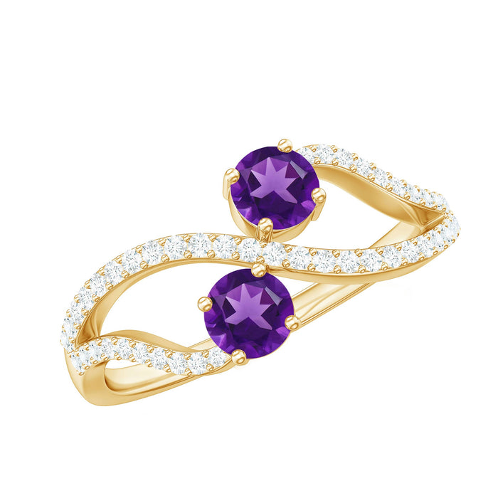 Real amethyst toi et moi engagement ring with diamond, featuring two purple amethyst stones set in a delicate silver band.