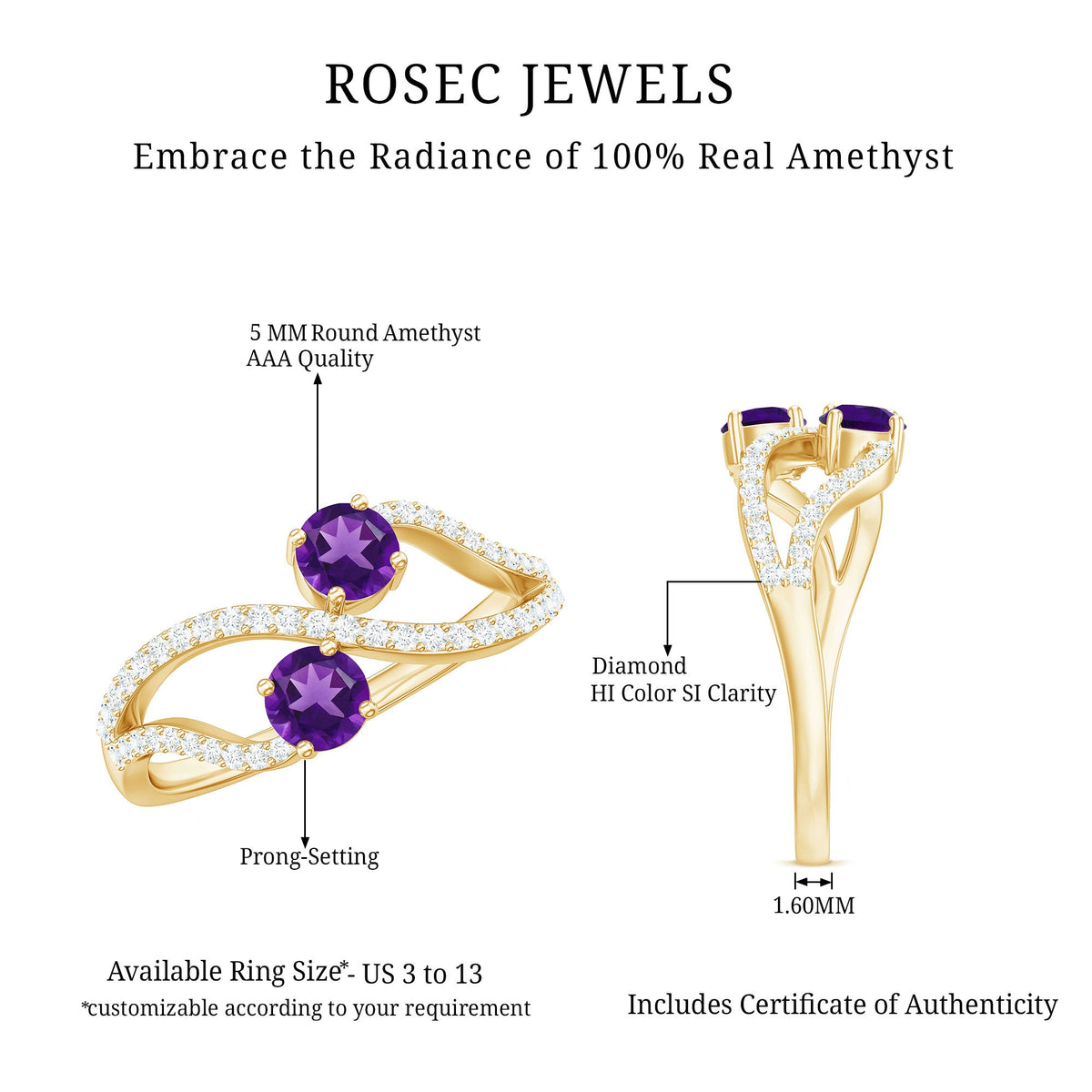 Real amethyst Toi et Moi engagement ring with diamond from Rosec Jewels, showcasing two purple amethyst gemstones on a silver band.