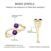 Real amethyst Toi et Moi engagement ring with diamond from Rosec Jewels, showcasing two purple amethyst gemstones on a silver band.