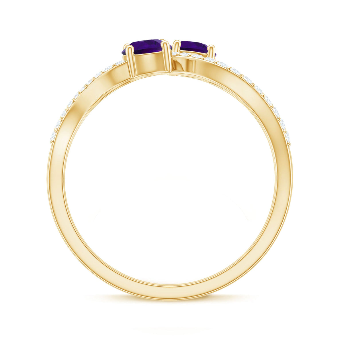 Real amethyst toi et moi engagement ring with diamond accents, showcasing a rose gold band and intricate design.