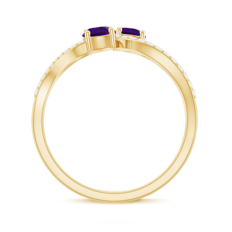 Real amethyst toi et moi engagement ring with diamond accents, showcasing a rose gold band and intricate design.