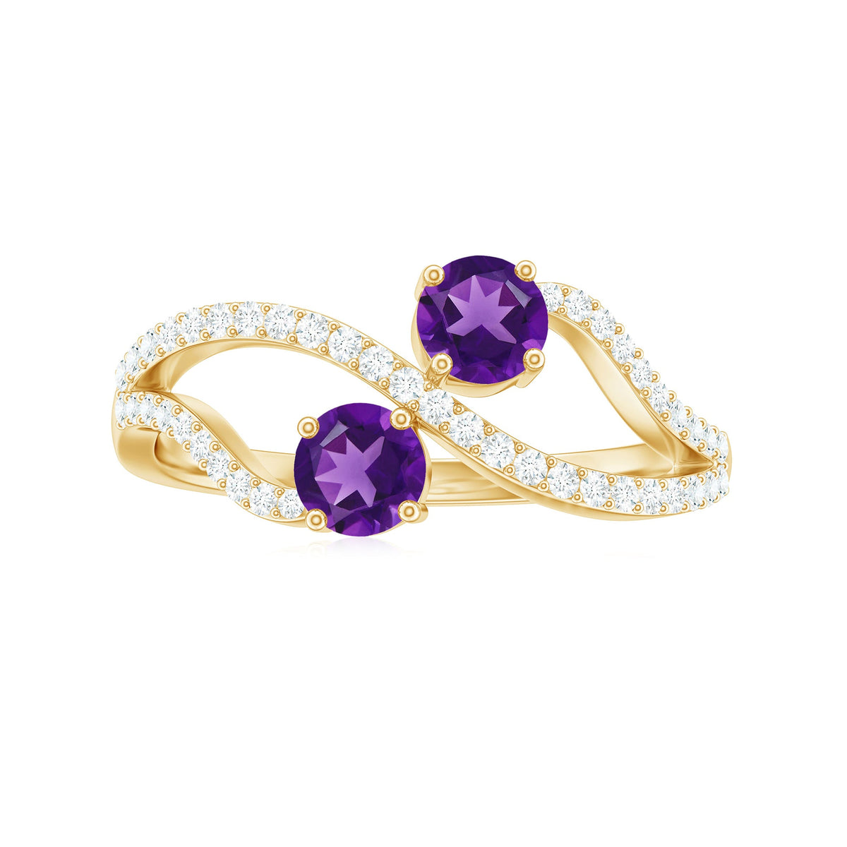 Real Amethyst Toi Et Moi engagement ring with diamond from Rosec Jewels, showcasing two amethyst stones and a sparkling diamond setting.