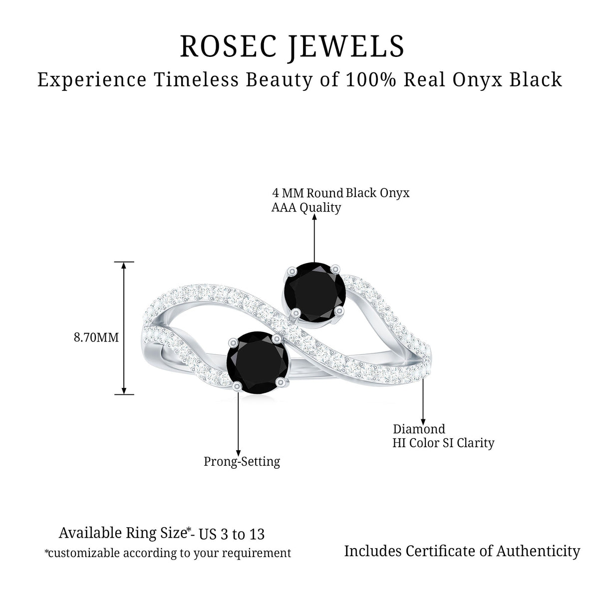 Natural black onyx and diamond promise ring by Rosec Jewels featuring two stones in a sleek silver band.