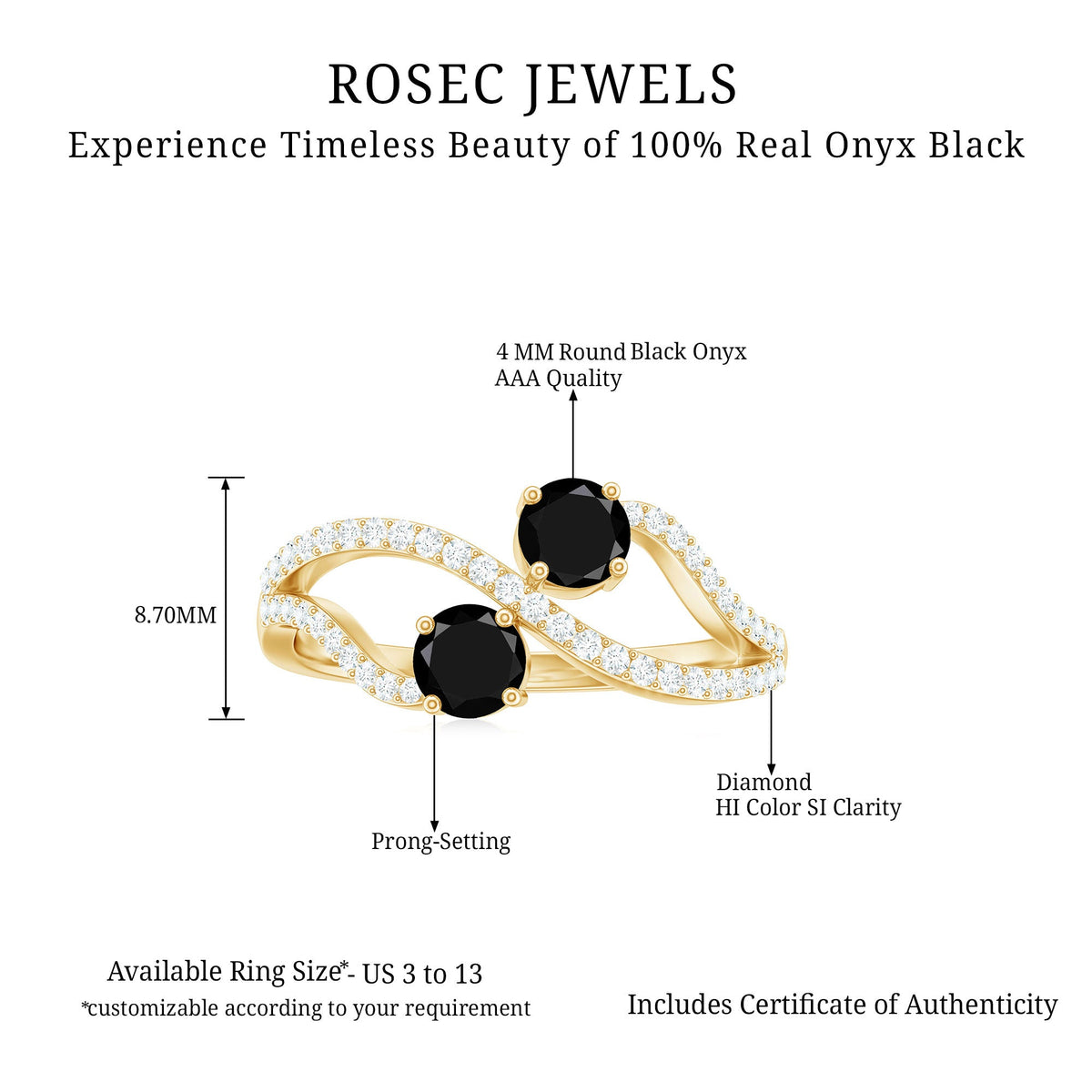 Natural black onyx and diamond promise ring with two stones from Rosec Jewels, featuring a sleek band and elegant design.