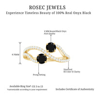 Natural black onyx and diamond promise ring with two stones from Rosec Jewels, featuring a sleek band and elegant design.