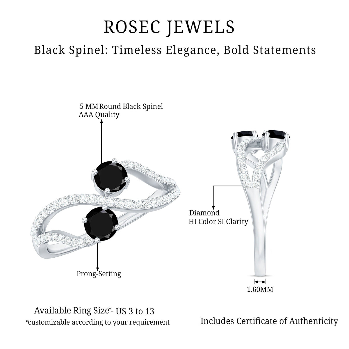 Natural black spinel promise ring with diamond accents from Rosec Jewels, showcasing a sleek silver band and elegant design.