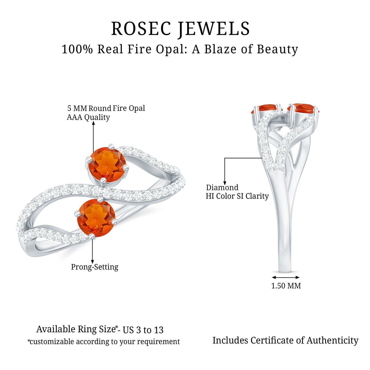 Minimal 3/4 CT Fire Opal and Diamond engagement ring by Rosec Jewels featuring a sleek band and sparkling gemstones.