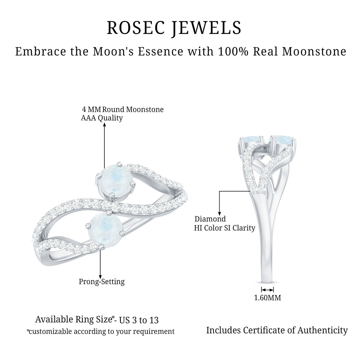 Minimal moonstone and diamond engagement ring by Rosec Jewels featuring a sleek band and sparkling gemstones.