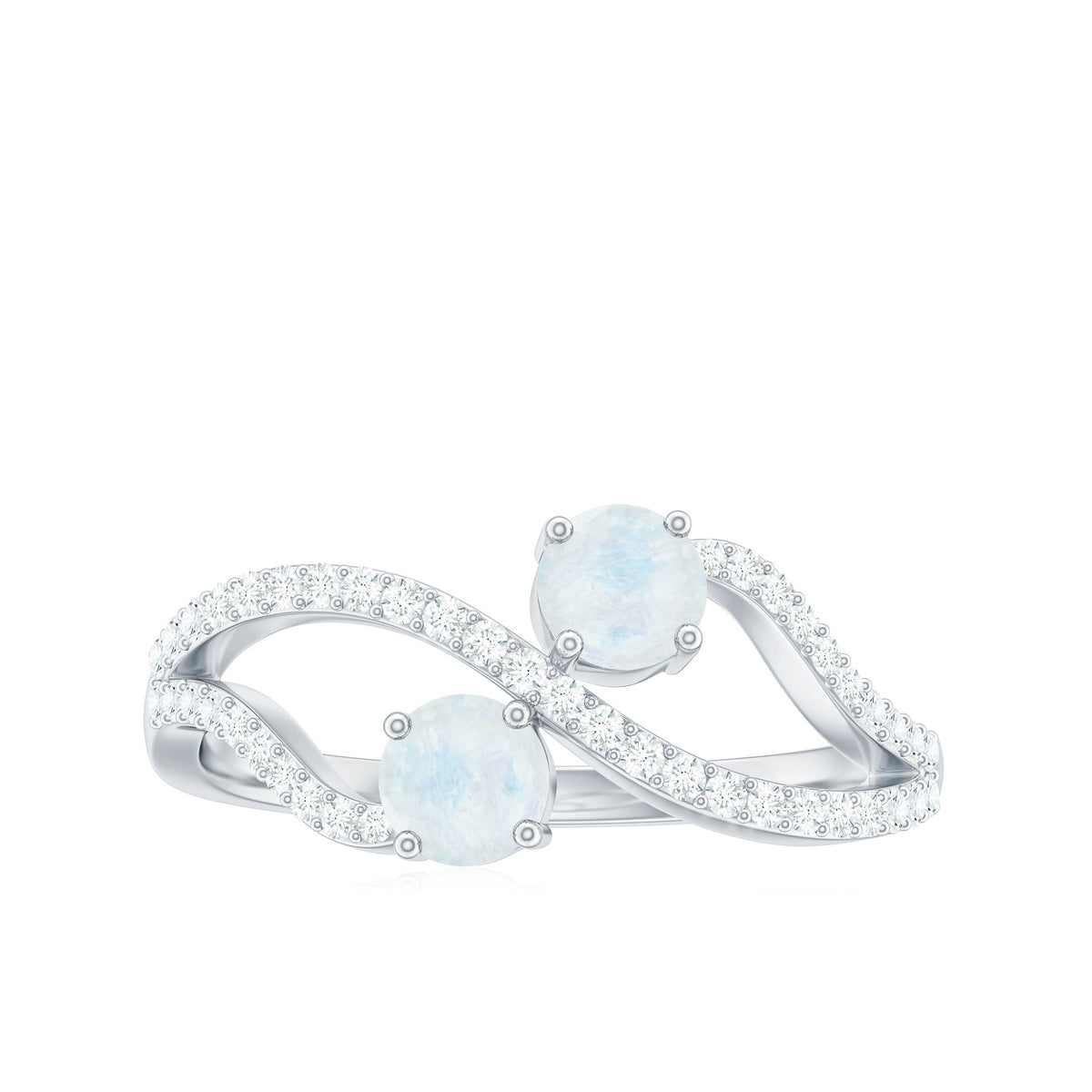 Minimal moonstone and diamond engagement ring from Rosec Jewels, showcasing a delicate band with shimmering stones.