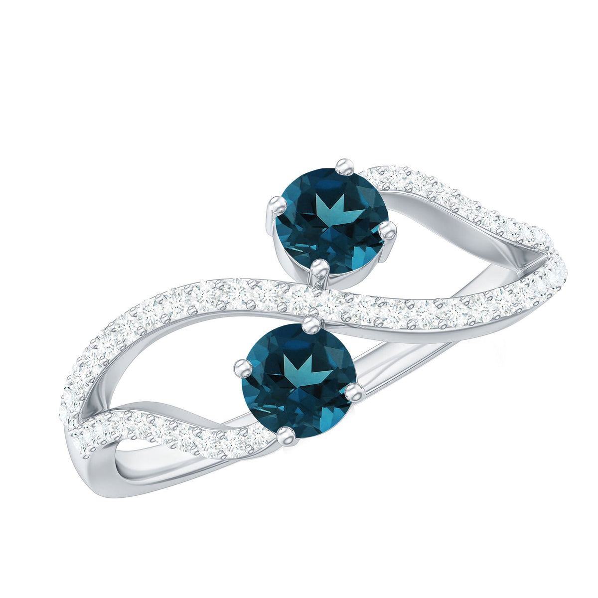 Natural London Blue Topaz and diamond promise ring with two stones, crafted by Rosec Jewels, showcasing elegant gemstone details.