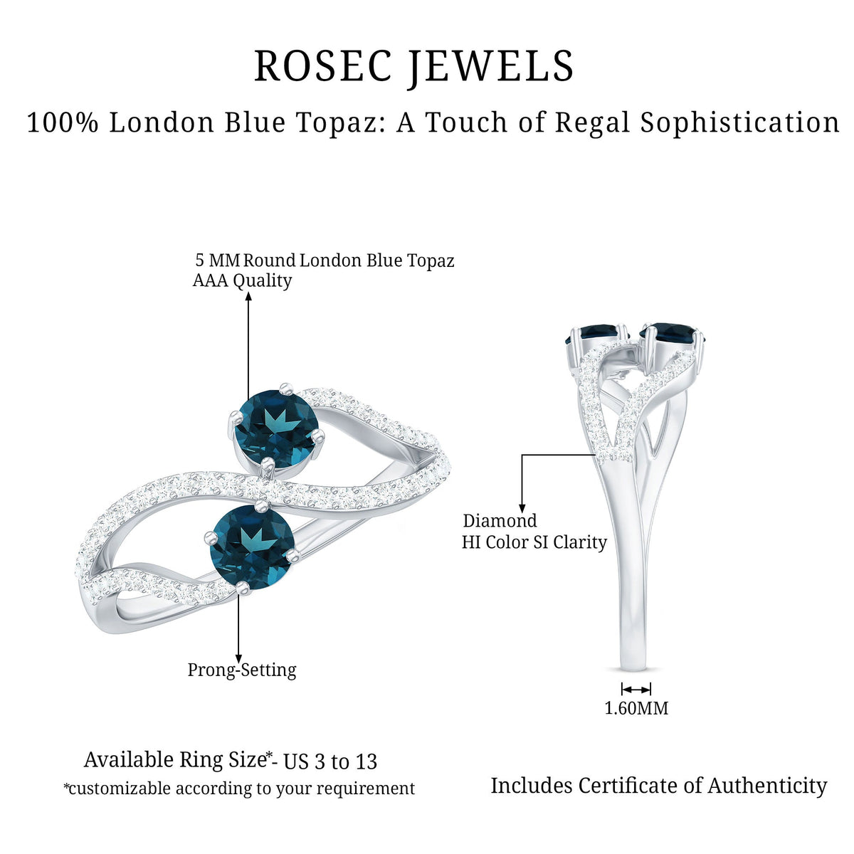 Rosec Jewels London Blue Topaz 2-stone promise ring with diamonds, featuring a sleek silver band and detailed gemstone setting.