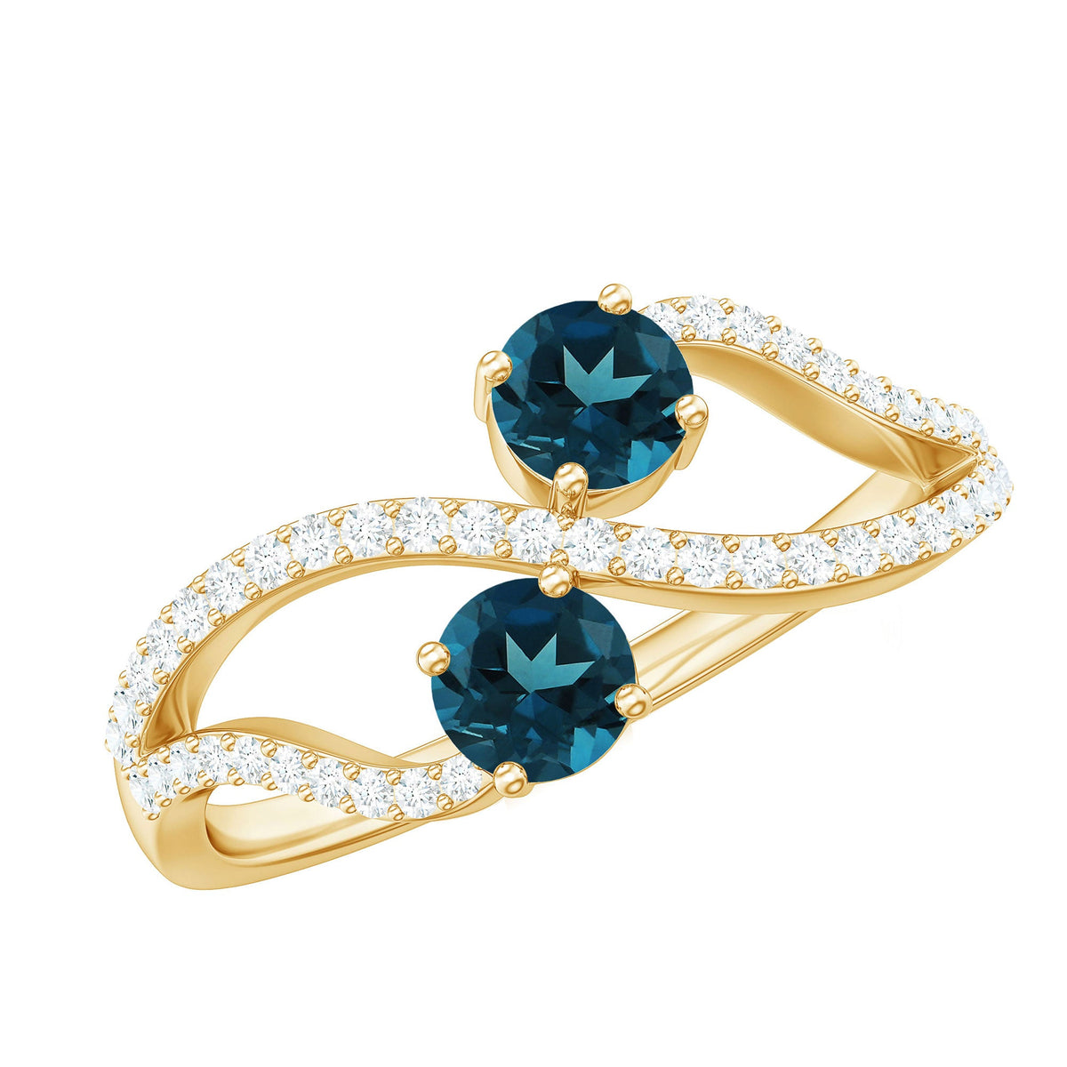 Rosec Jewels London Blue Topaz 2-stone promise ring with diamonds, featuring a detailed view of the elegant gemstone setting.